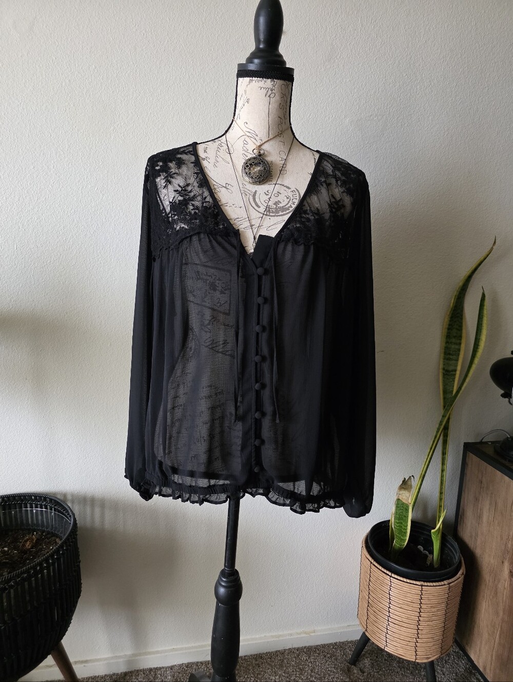 Torrid Sheer Black Lace Trim Button-Front Blouse